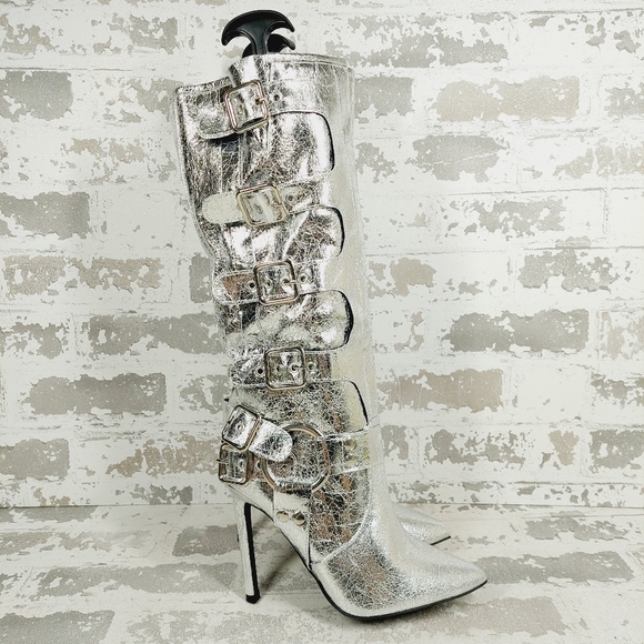 New Wild Diva Look At Me Silver Faux Leather High Heel Harness Knee Boots K759 - Picture 6 of 11